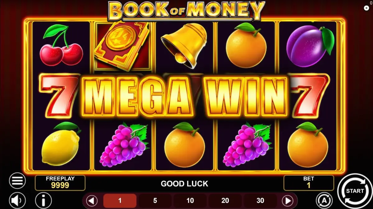 Tampilan visual slot Book of Money dengan simbol buah klasik dan buku misterius